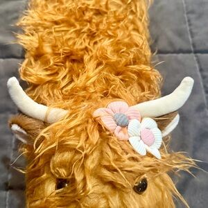 Plush Brown Fuzzy Highland Cow Slippers with Floral Accent